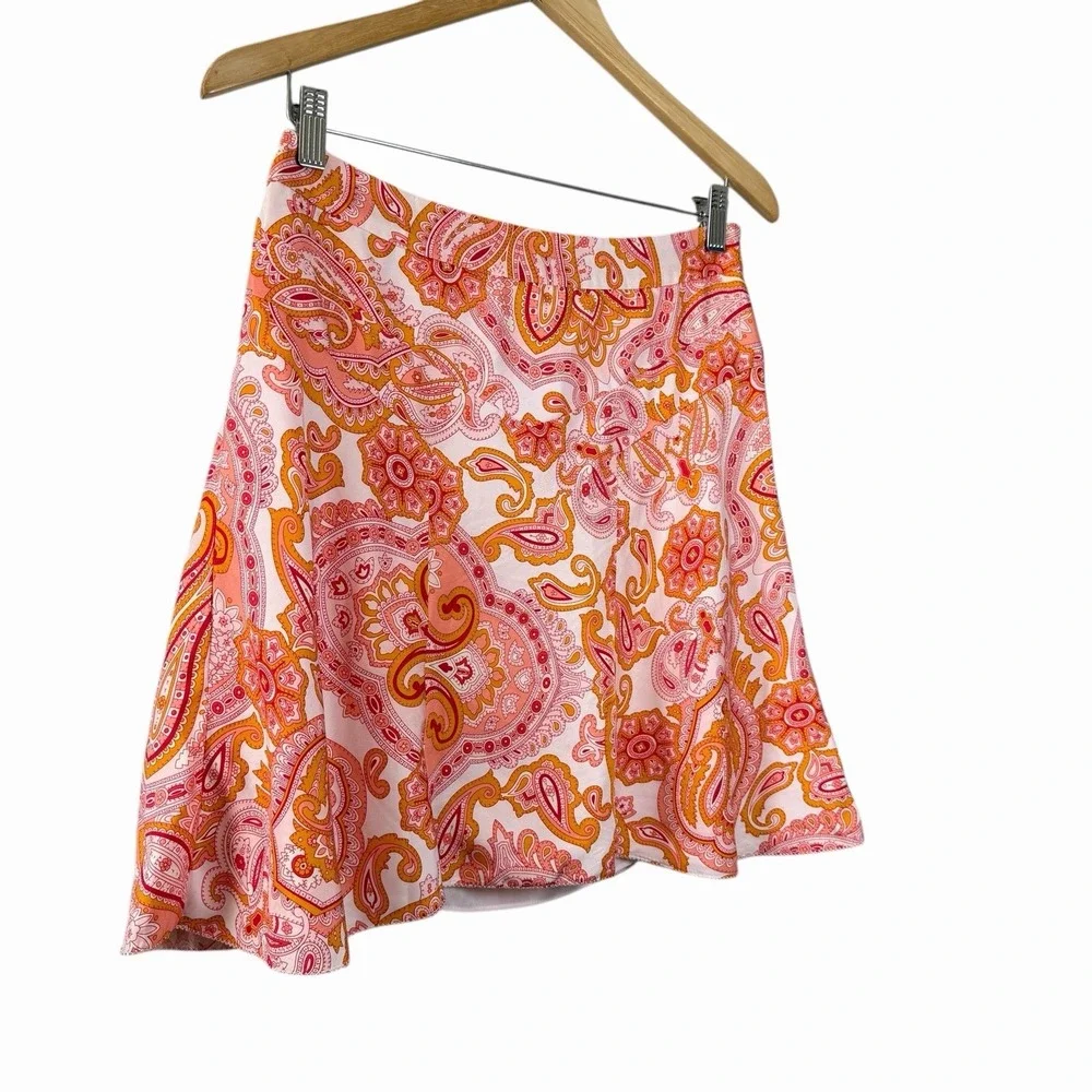 Banana Republic 100% Silk Paisley A-Line Mini‎ Skirt Pink Orange Lined Size 2